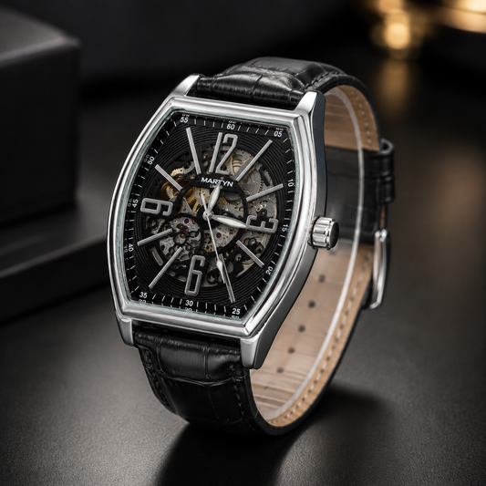 Tonneau Skeleton Automatic Watch β Silver & Black Leather Edition