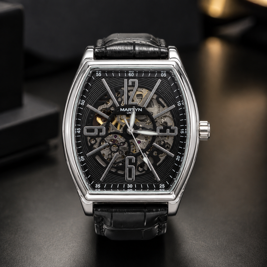 Tonneau Skeleton Automatic Watch – Silver & Black Leather Edition