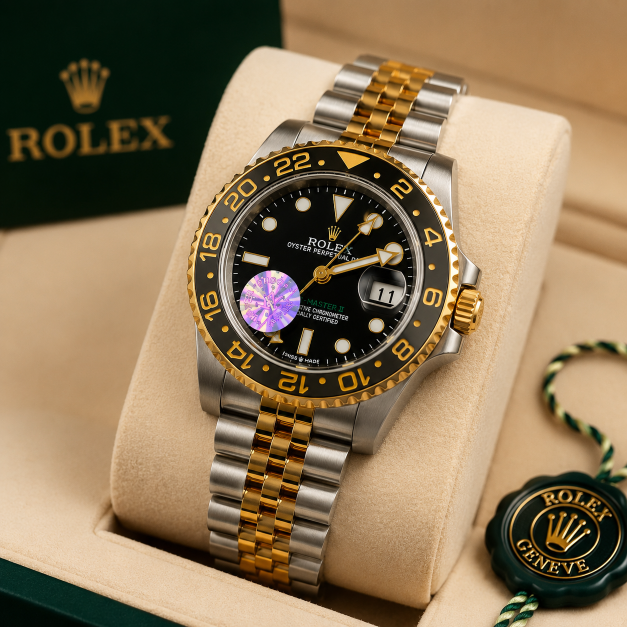 Two-Tone GMT Master Style Watch – Gold & Steel Black Dial