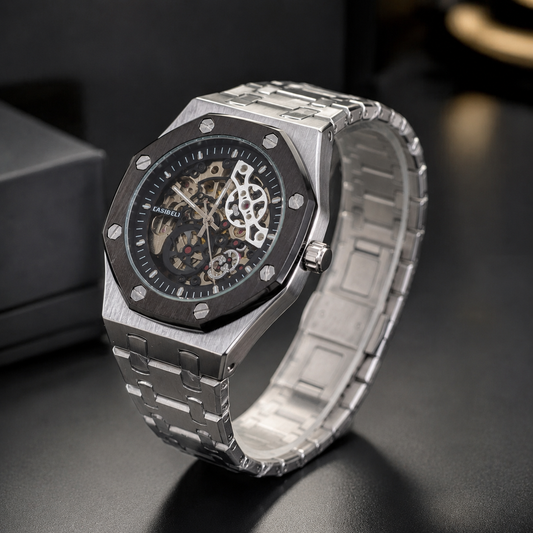 Skeleton Automatic Watch – Silver & Black Edition