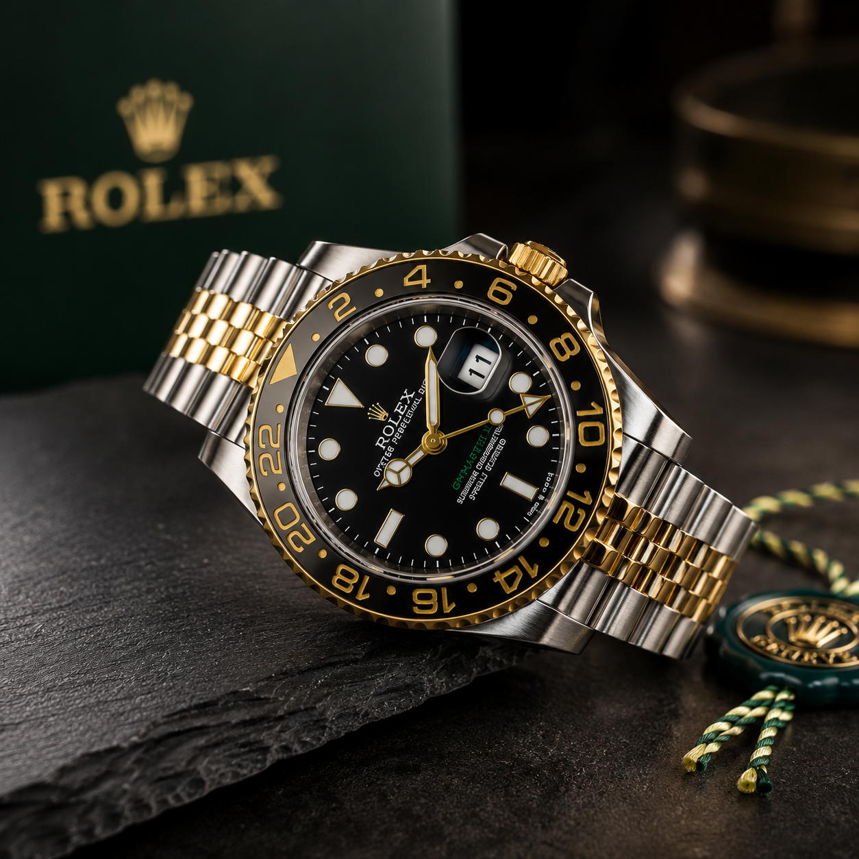 Two-Tone GMT Master Style Watch – Gold & Steel Black Dial