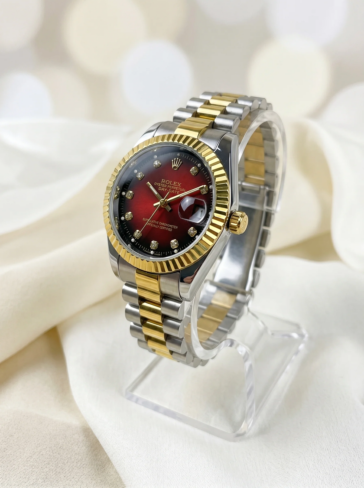 Day-Date Style Watch – Red Gradient Diamond Dial