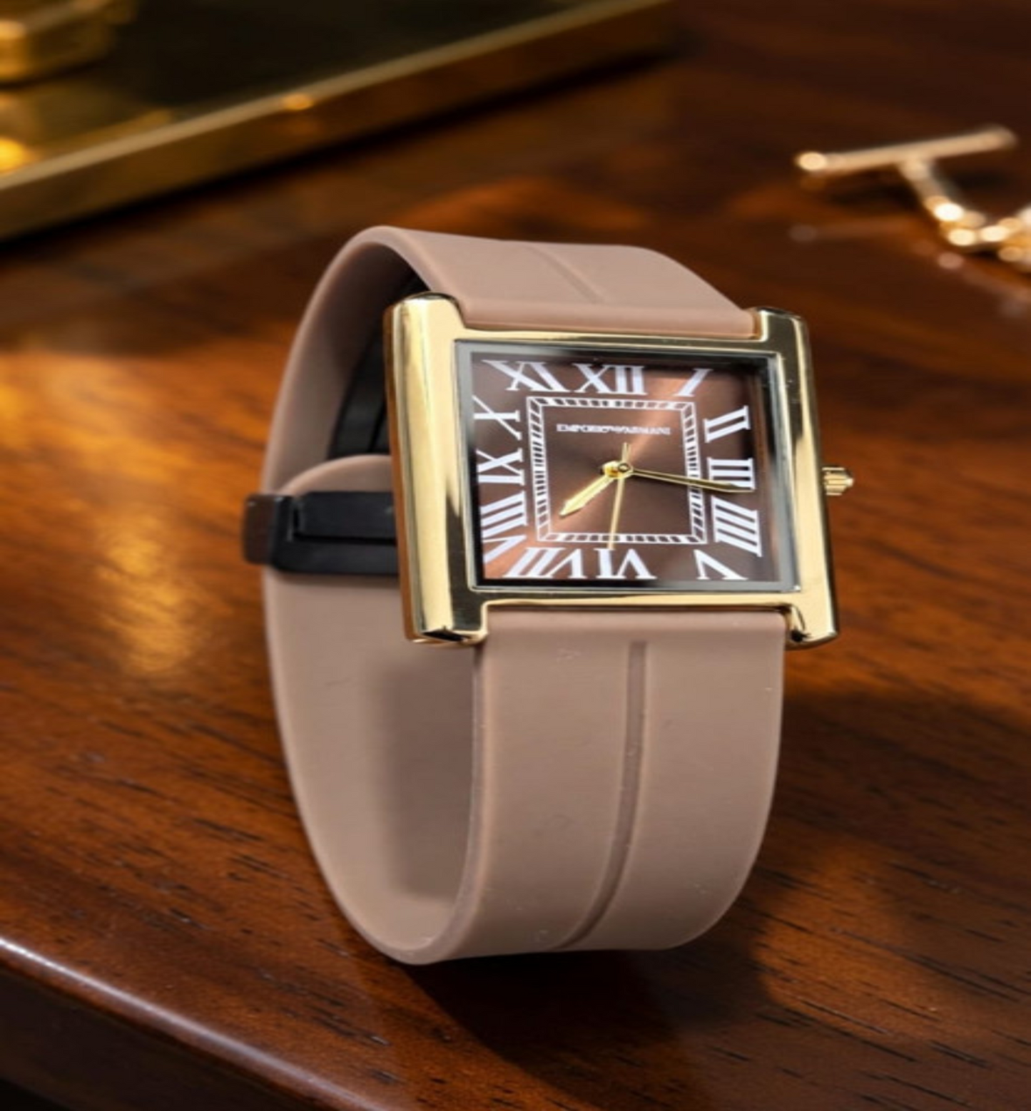 Universe Point Square Watch - Beige Rubber Strap Gold Case