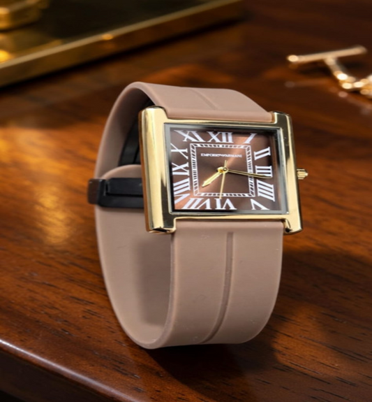 Universe Point Square Watch - Beige Rubber Strap Gold Case