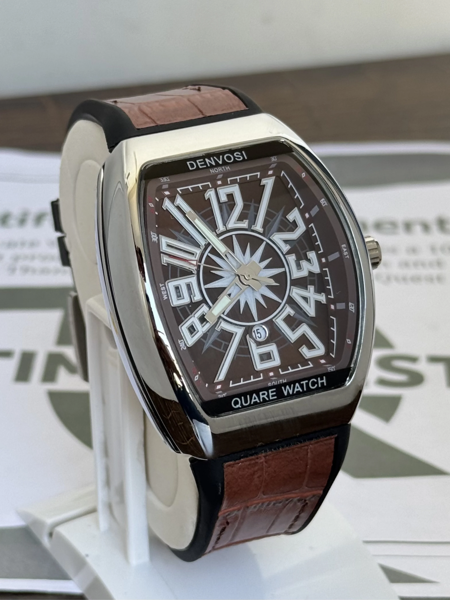 Denvosi Square Compass Watch - Brown Leather Strap