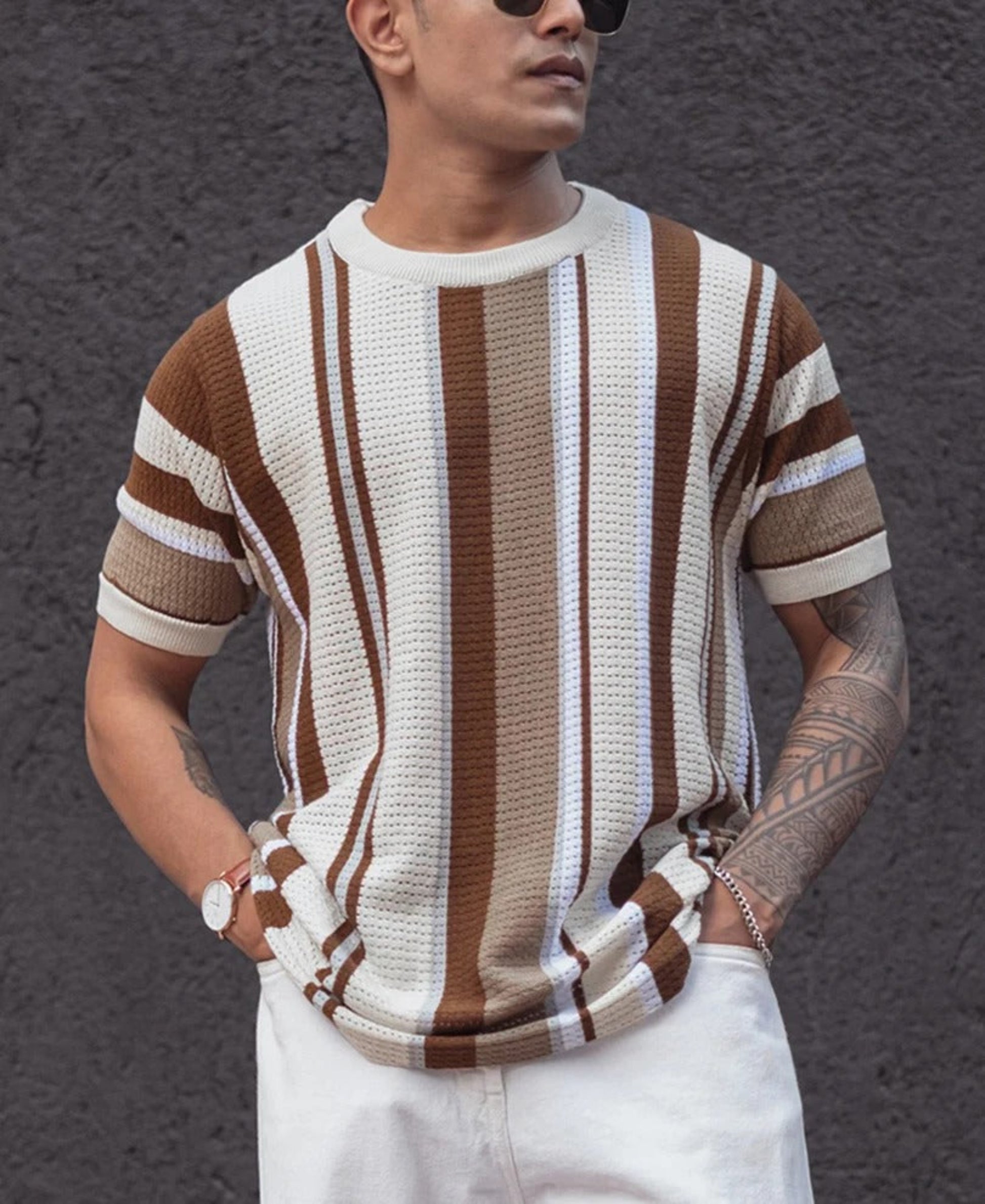 Striped Knit T-Shirt Brown White – Men's Premium Casual Wear