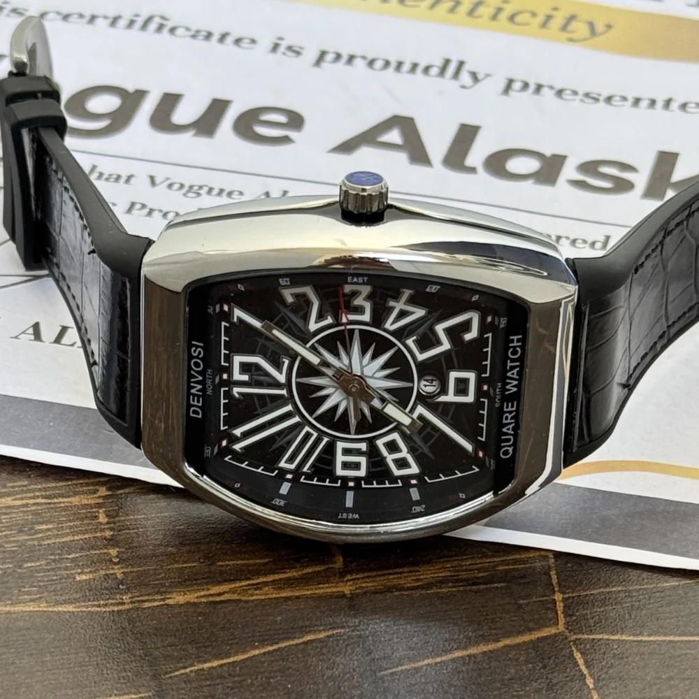 Denvosi Square Compass Watch - Black Leather Strap