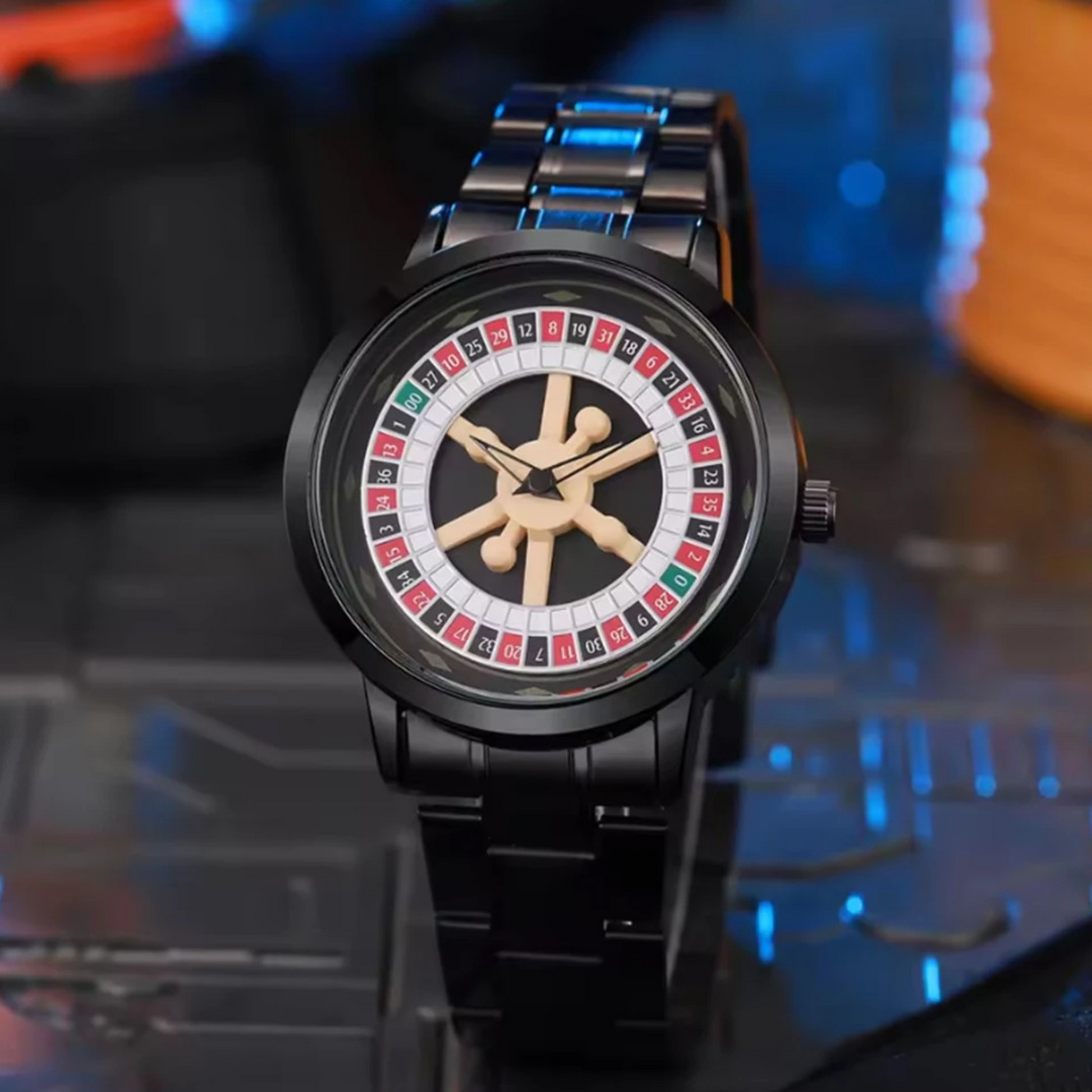 Roulette wheel watch with casino dial design and black steel bracelet