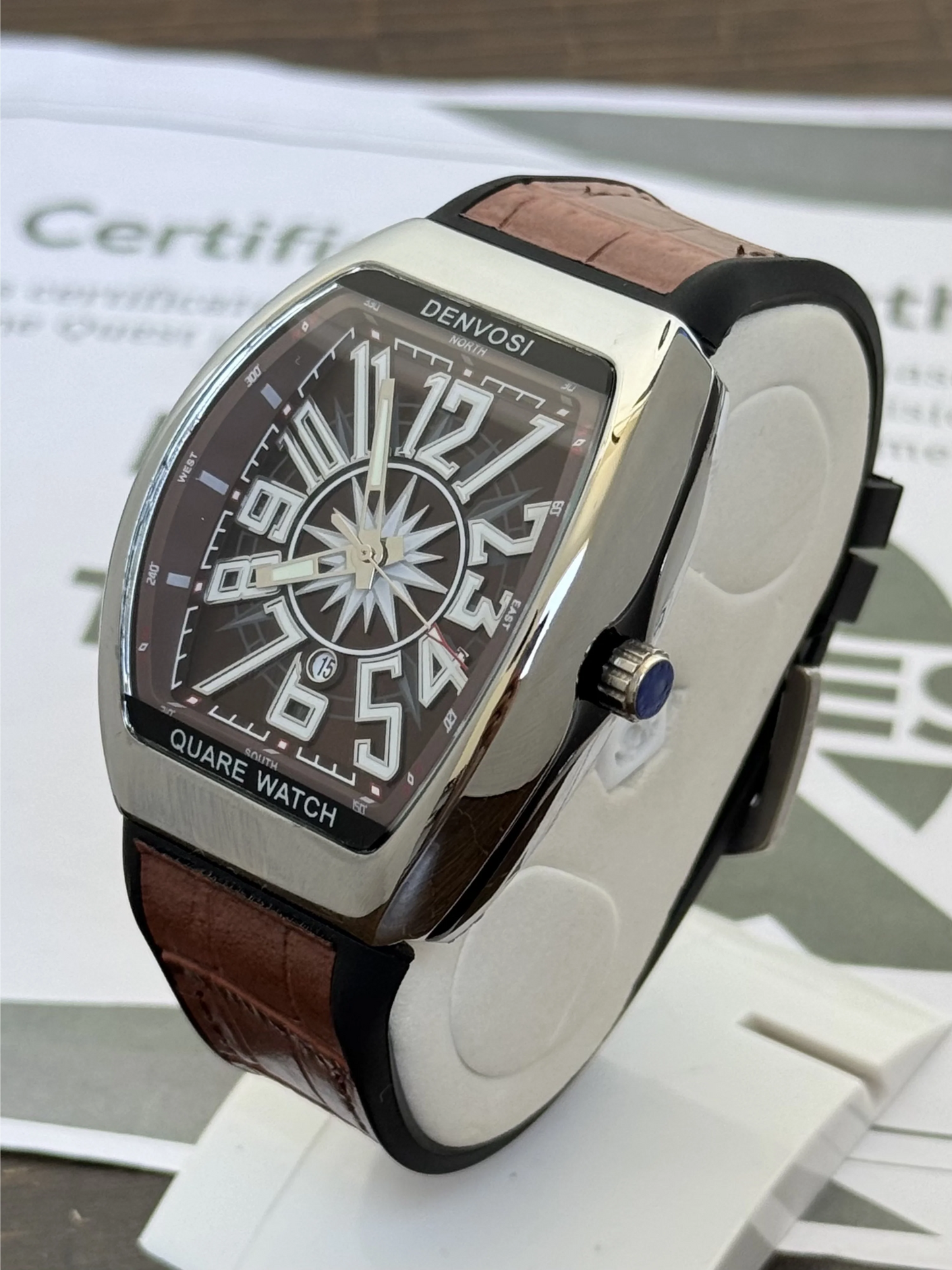 Denvosi Square Compass Watch - Brown Leather Strap