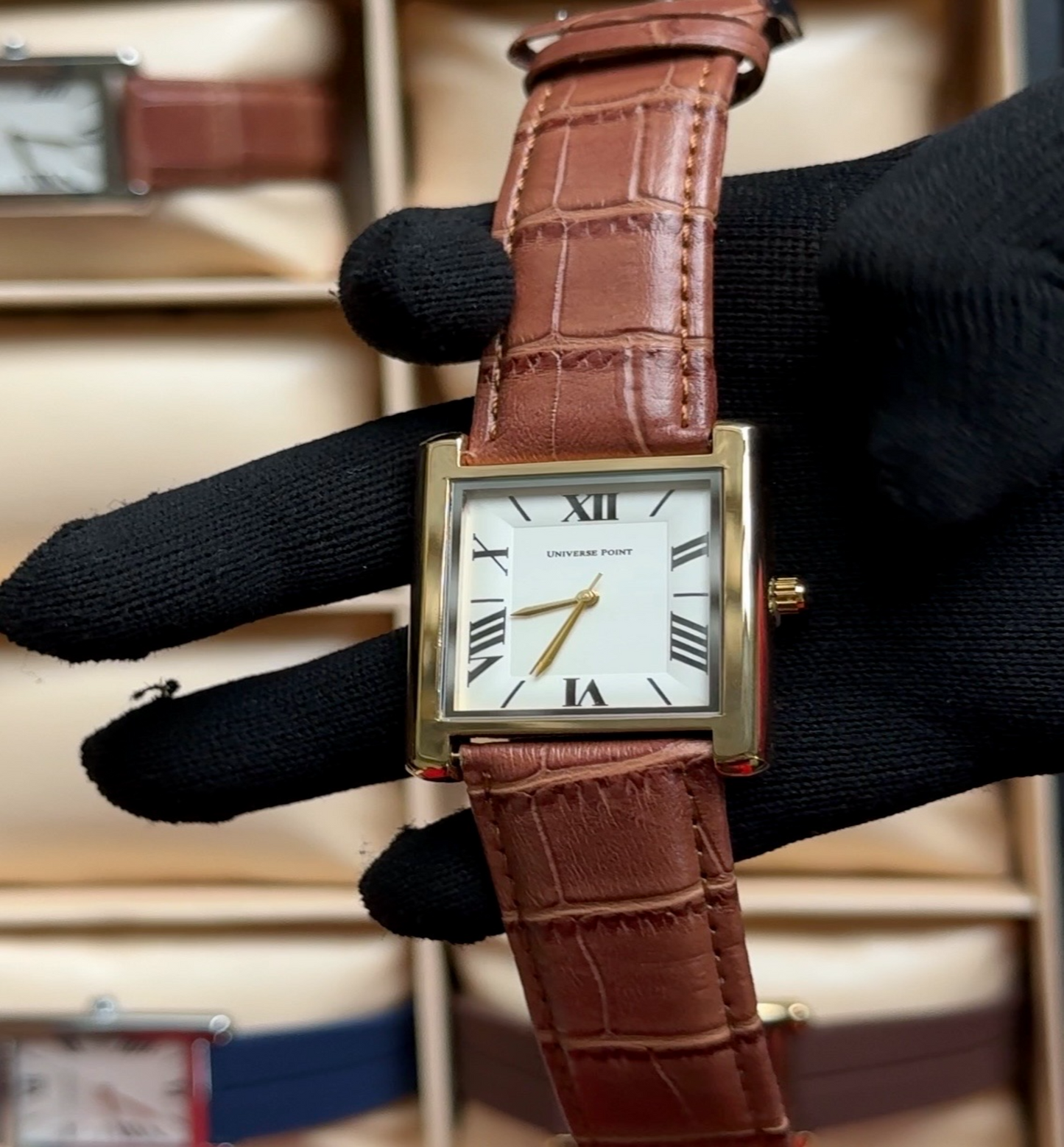Universe Point Square Watch - Brown Leather Strap Gold Case