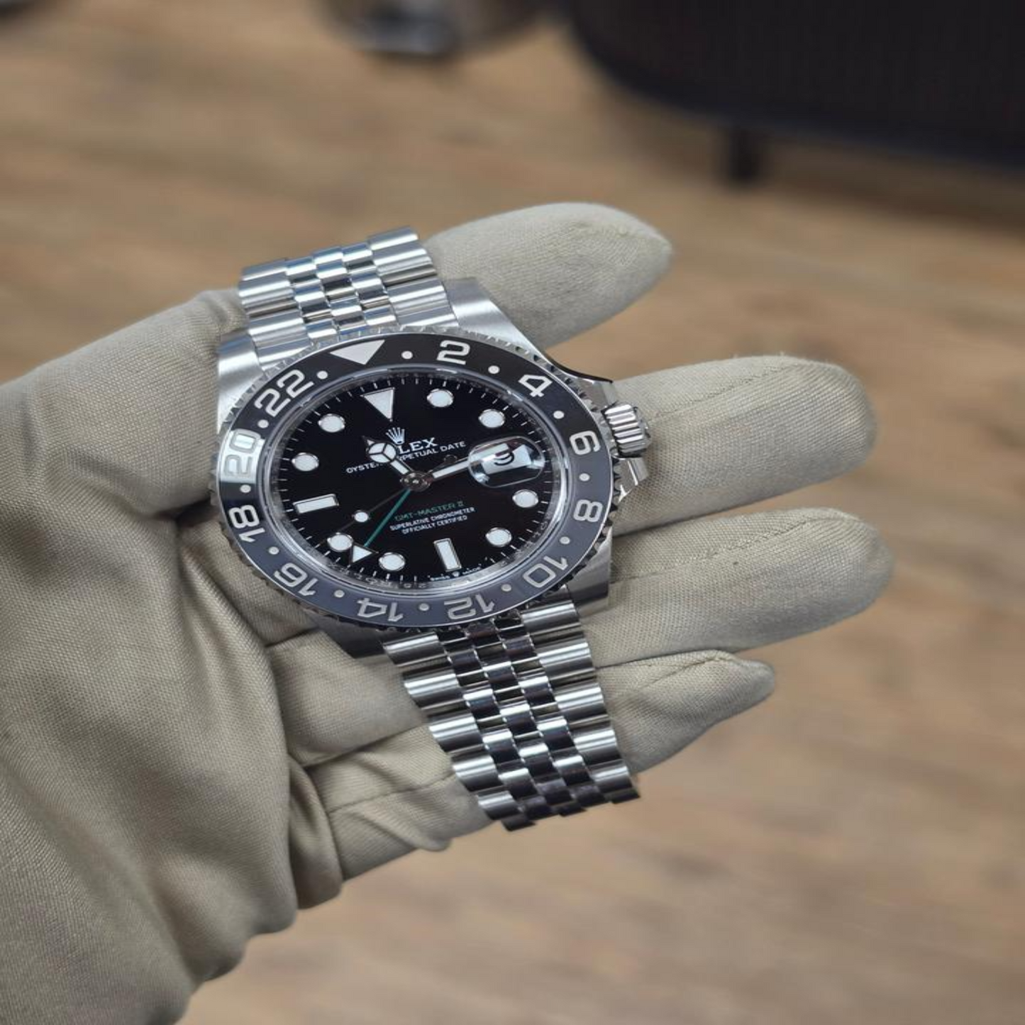 GMT-Master II style watch with black ceramic bezel and stainless steel jubilee bracelet