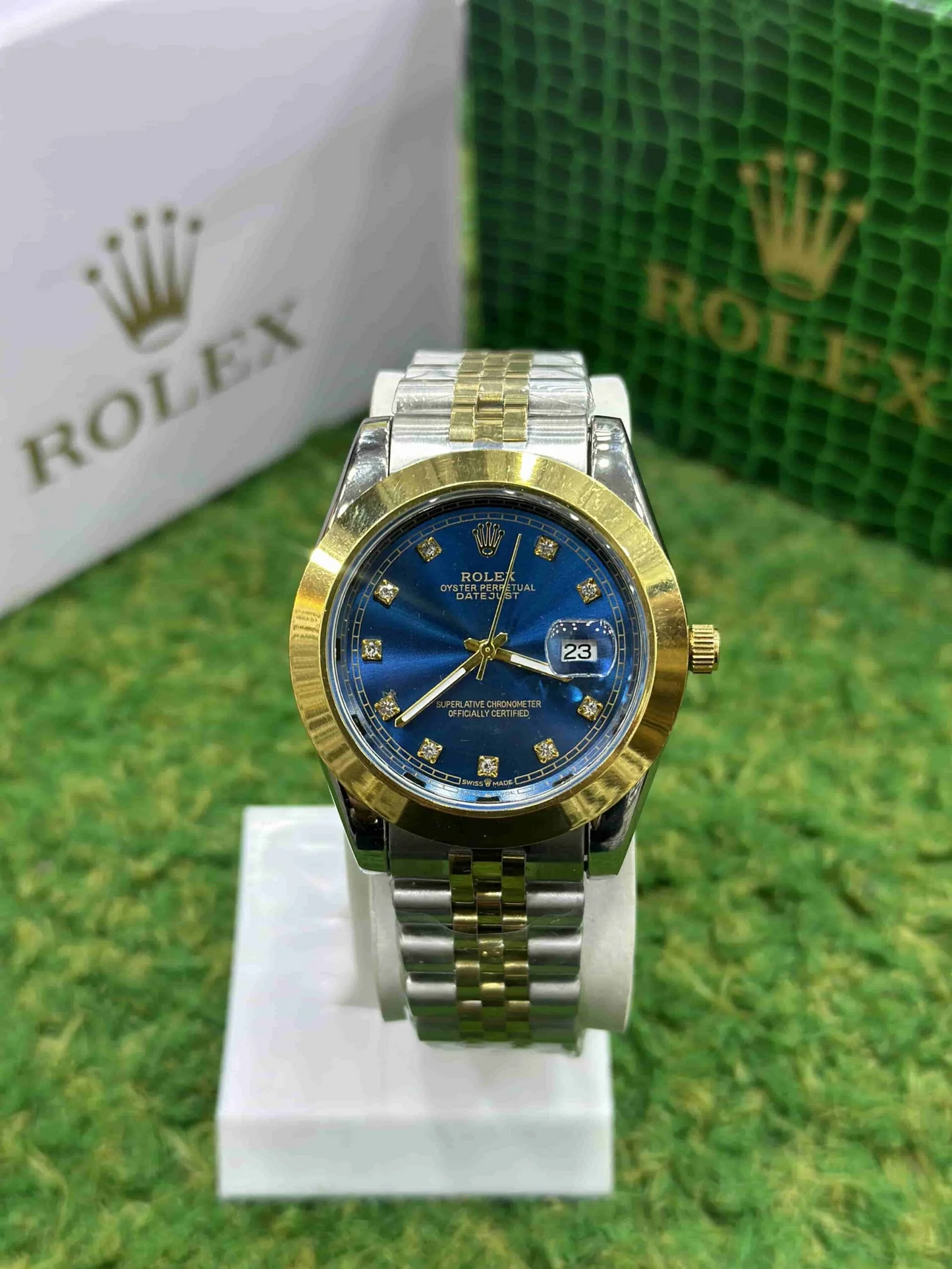 Datejust style watch with royal blue diamond dial and two-tone gold steel jubilee bracelet