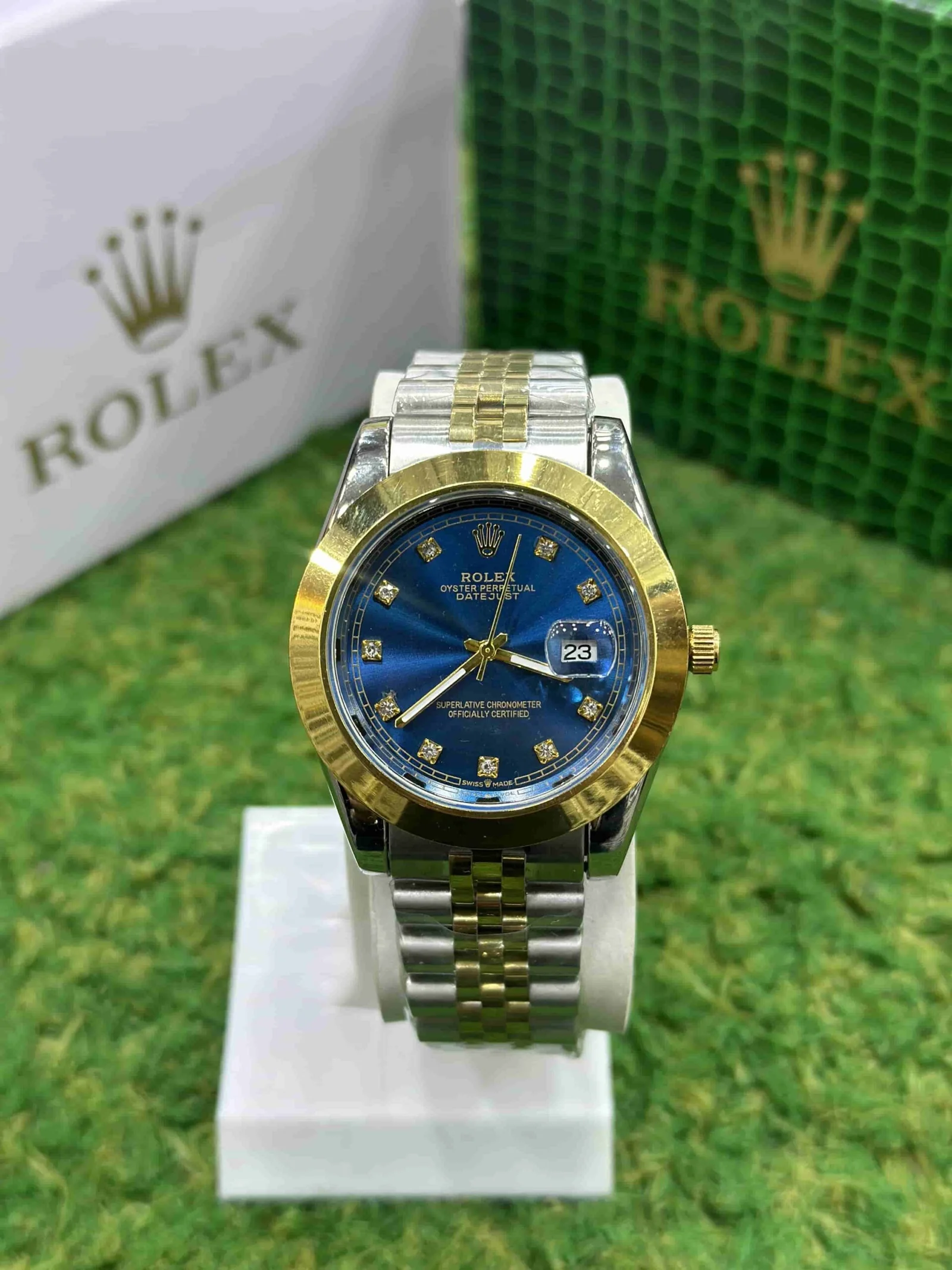 Datejust style watch with royal blue diamond dial and two-tone gold steel jubilee bracelet