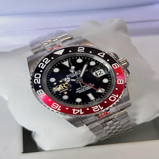 GMT Master Coke style watch with red and black bezel and stainless steel jubilee bracelet
